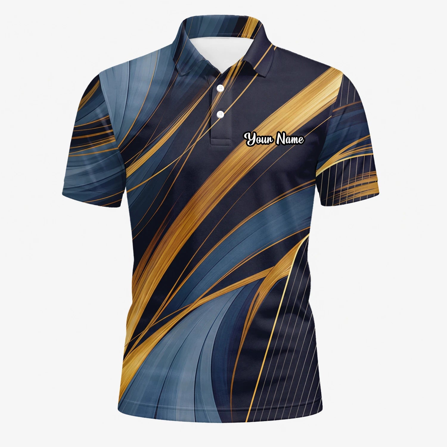Personalised Navy Gold Abstract Ribbon Golf Polo Shirt For Men V6882