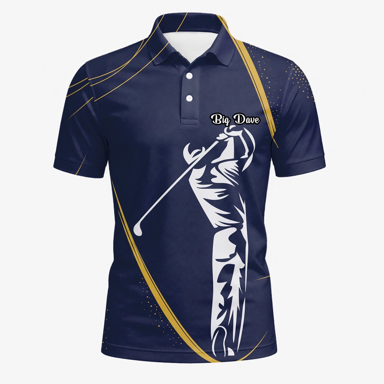 Personalised Navy Gold Golfer Swing Silhouette Golf Polo Shirt For Men A1639