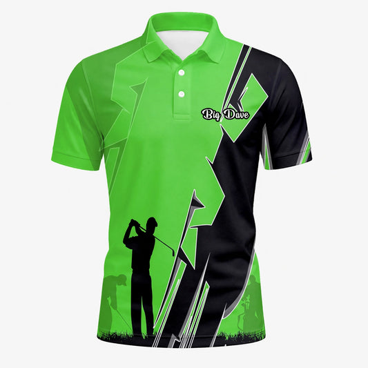 Personalised Lime Green Golfer Silhouette Lightning Golf Polo Shirt For Men V5316