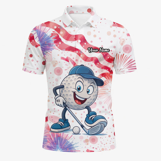 Personalised White Pink Golf Ball Cartoon Firework Golf Polo Shirt For Men C2083