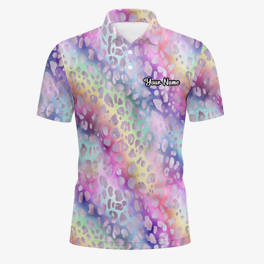 Personalised Pastel Rainbow Leopard Print Golf Polo Shirt For Men E5373
