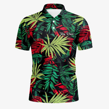 Personalised Black Green Red Tropical Leaf Golf Polo Shirt For Men U5191