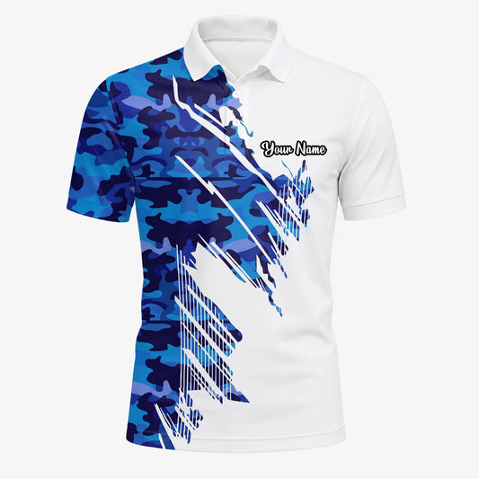 Personalised White Blue Camo Brush Stroke Golf Polo Shirt For Men M3845