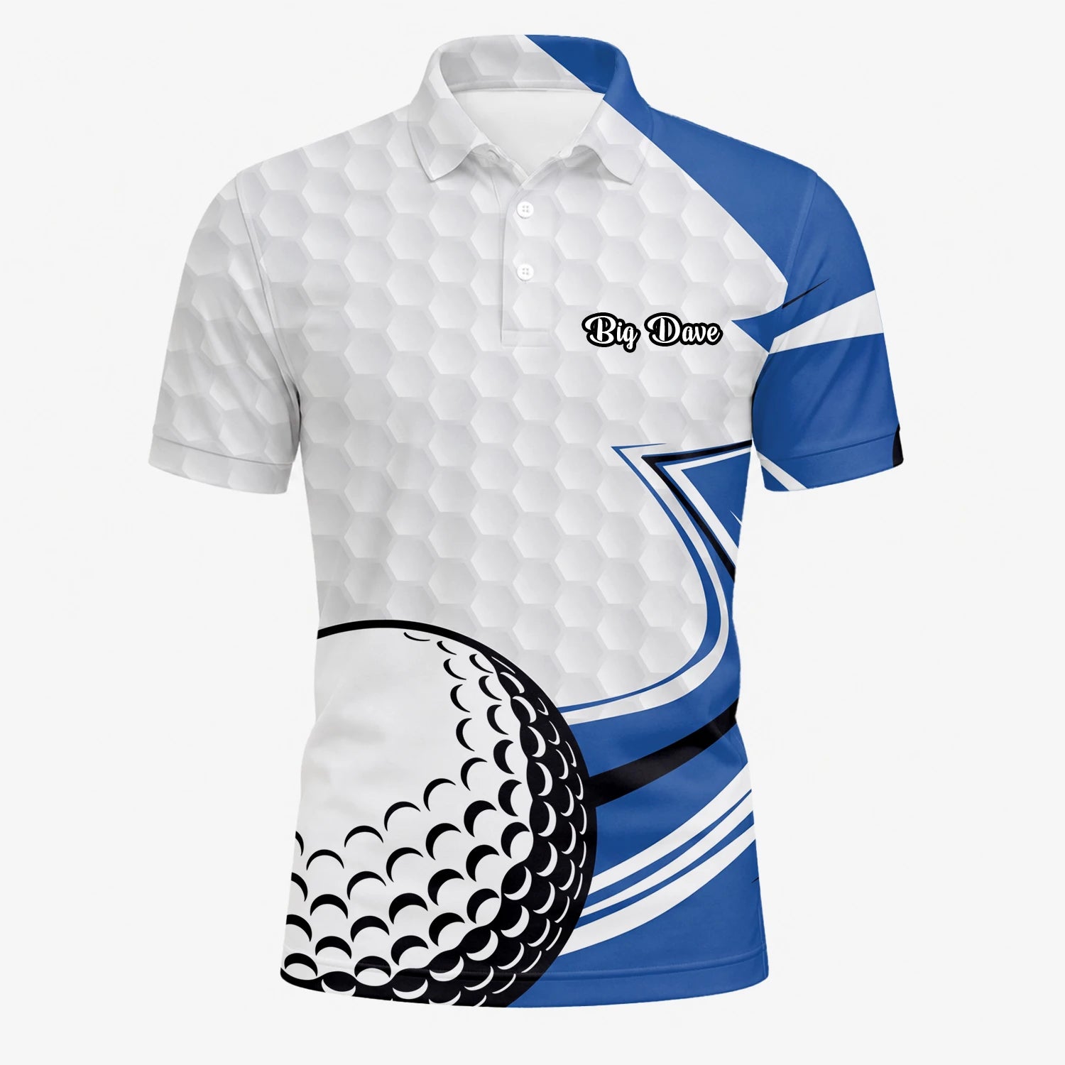 Personalised White Blue Golf Ball Hexagon Golf Polo Shirt For Men S7973