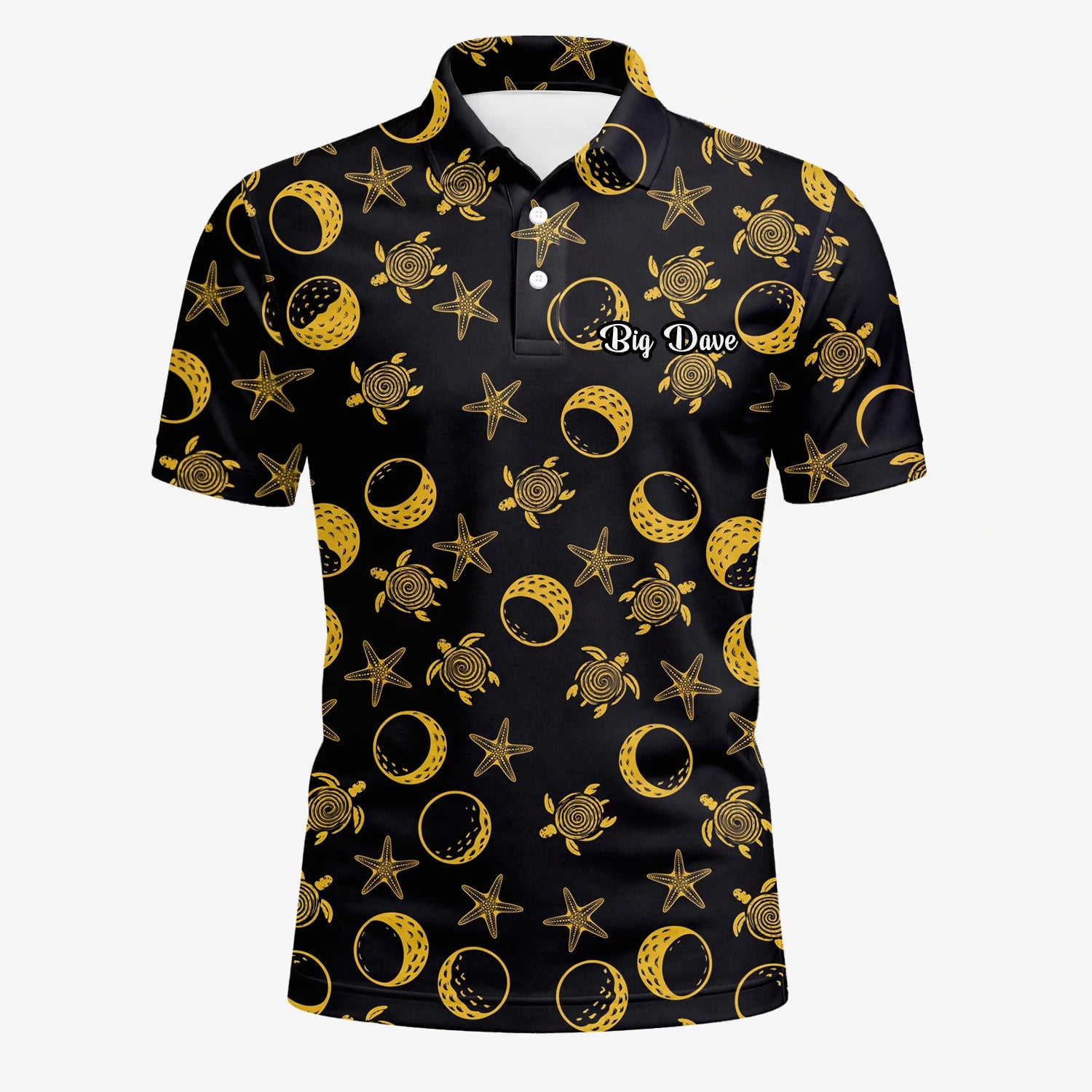 Personalised Black Gold Sea Turtle Moon Star Golf Polo Shirt For Men V4483