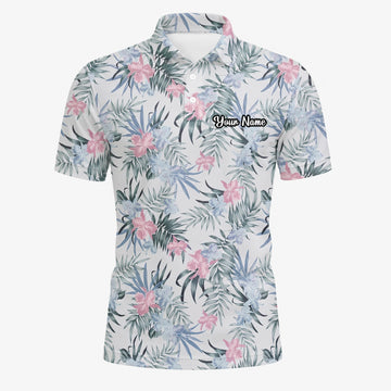 Personalised White Pink Tropical Floral Leaf Golf Polo Shirt For Men C1037