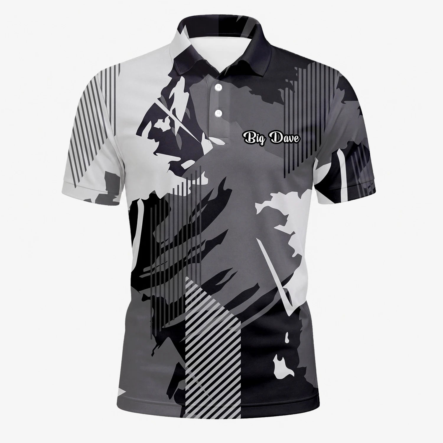 Personalised Grey Black Abstract Brush Stripe Golf Polo Shirt For Men I7293