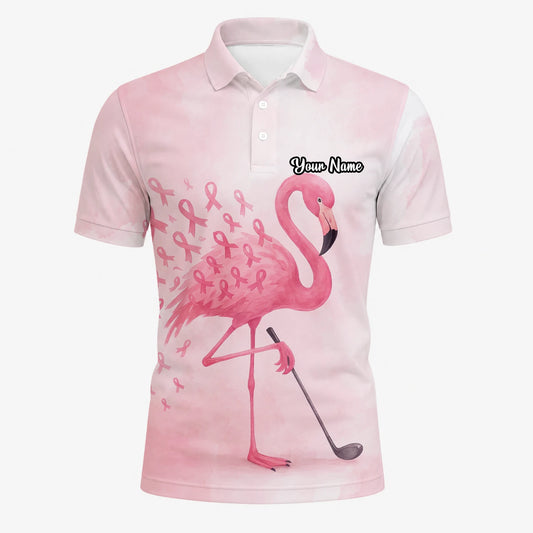 Personalised Pink Flamingo Golfer Breast Cancer Ribbon Golf Polo Shirt For Men R9354
