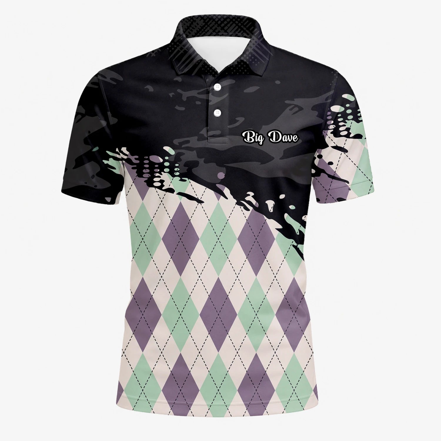 Personalised Black Mint Purple Argyle Paint Splash Golf Polo Shirt For Men C5124