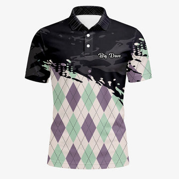 Personalised Black Mint Purple Argyle Paint Splash Golf Polo Shirt For Men C5124