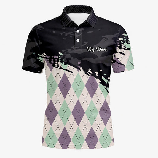 Personalised Black Mint Purple Argyle Paint Splash Golf Polo Shirt For Men C5124