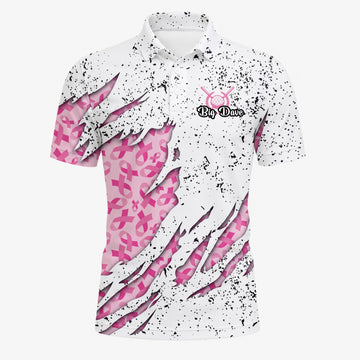 Personalised White Pink Breast Cancer Ribbon Torn Golf Polo Shirt For Men B7190