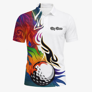 Personalised White Rainbow Flame Golf Ball Golf Polo Shirt For Men P6012