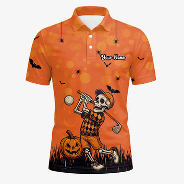 Personalised Orange Halloween Skeleton Golfer Golf Polo Shirt For Men D3851