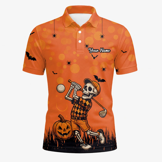 Personalised Orange Halloween Skeleton Golfer Golf Polo Shirt For Men D3851