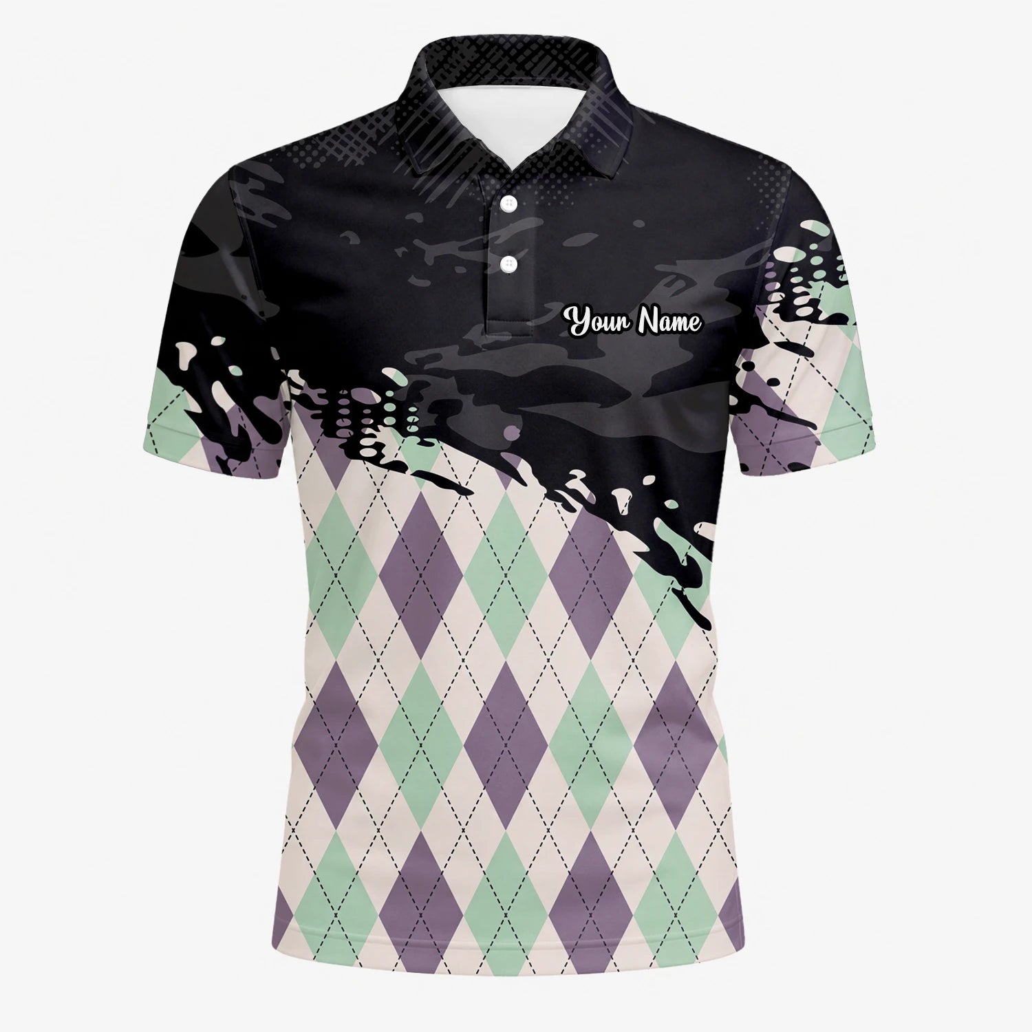 Personalised Black Mint Purple Argyle Paint Splash Golf Polo Shirt For Men C5124