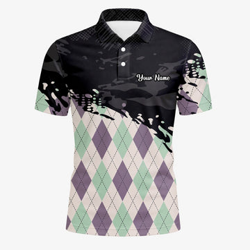 Personalised Black Mint Purple Argyle Paint Splash Golf Polo Shirt For Men C5124