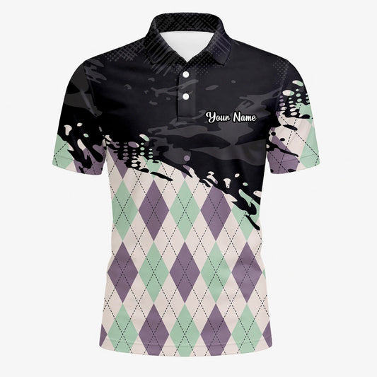 Personalised Black Mint Purple Argyle Paint Splash Golf Polo Shirt For Men C5124