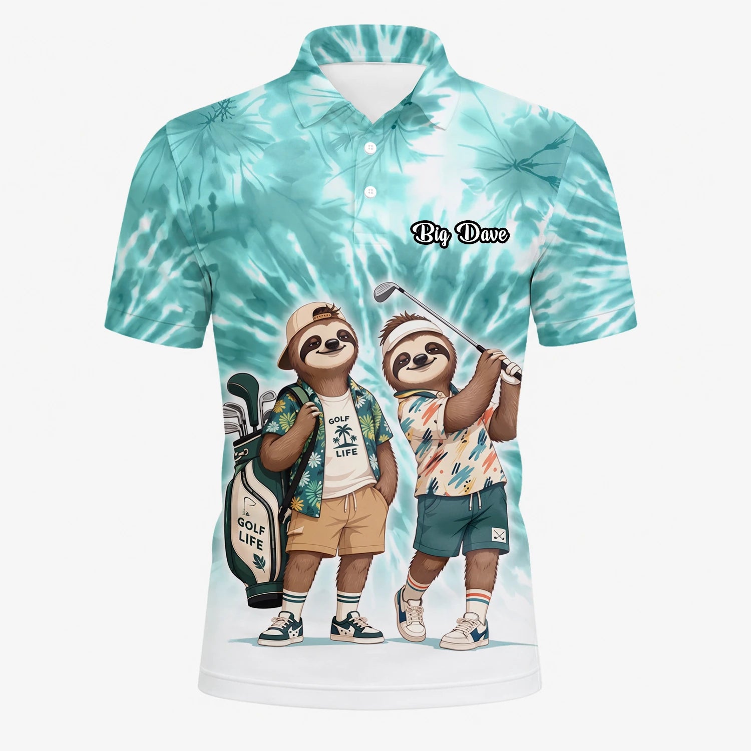Personalised Turquoise Sloth Golfer Cartoon Golf Polo Shirt For Men C1614