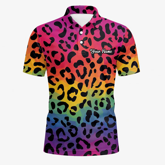 Personalised Rainbow Leopard Print Golf Polo Shirt For Men X1632