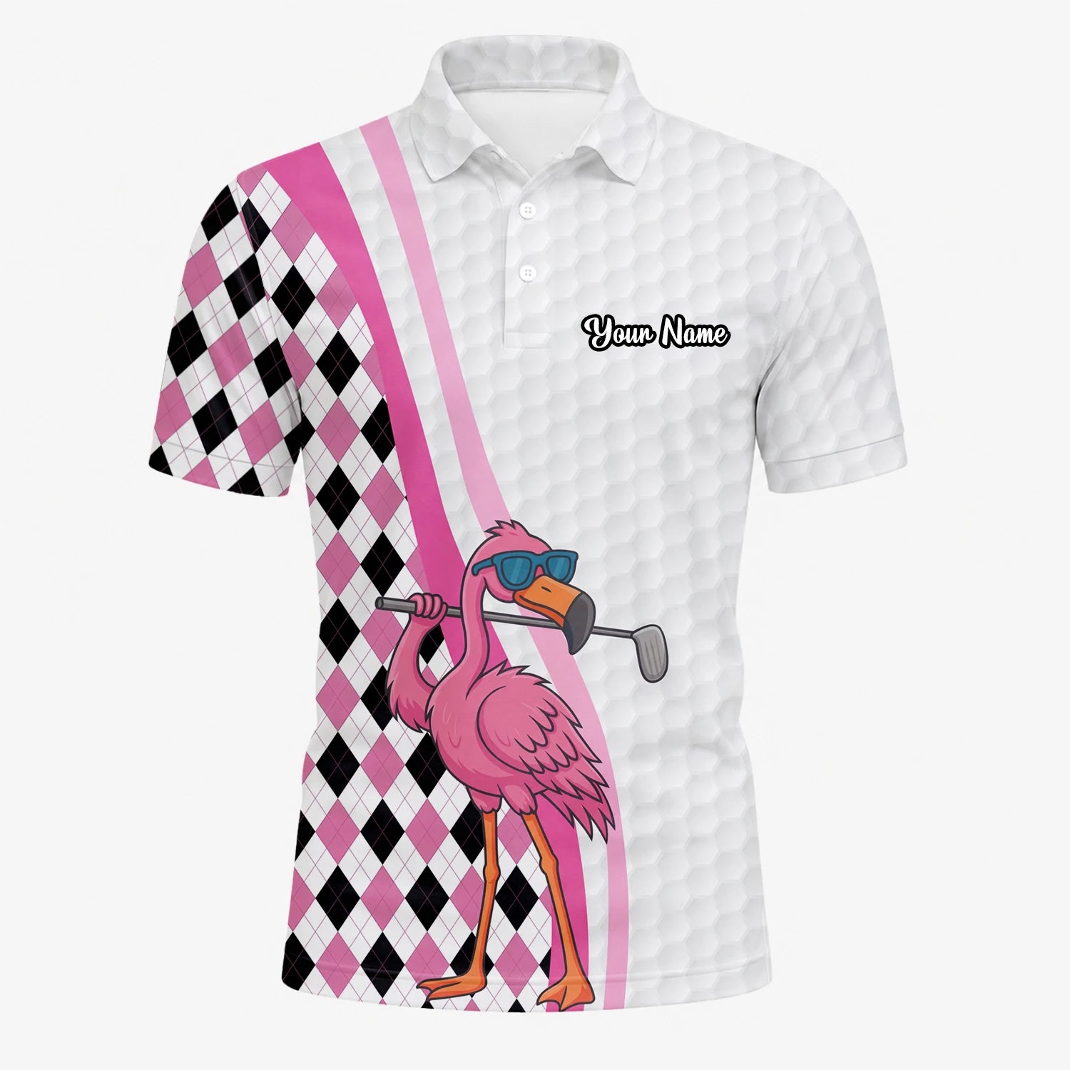 Personalised White Pink Flamingo Golfer Argyle Golf Polo Shirt For Men G3697