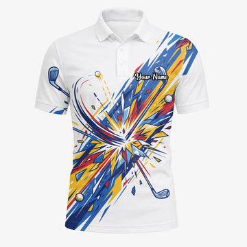 Personalised White Blue Abstract Golf Swing Burst Golf Polo Shirt For Men B2869
