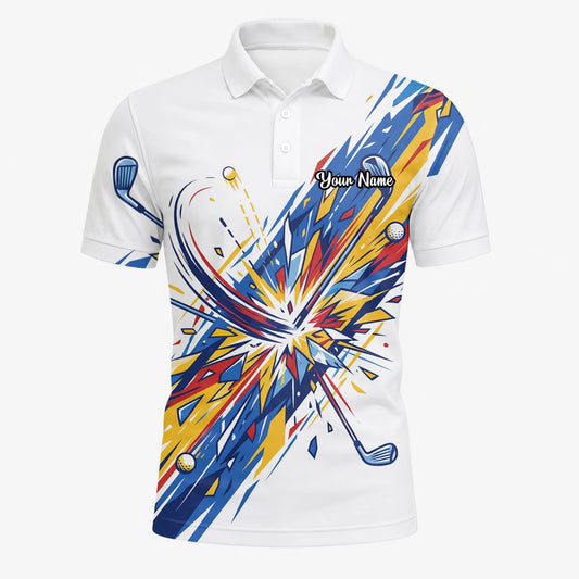 Personalised White Blue Abstract Golf Swing Burst Golf Polo Shirt For Men B2869
