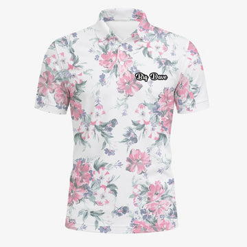 Personalised White Pink Floral Leaf Golf Polo Shirt For Men H5152