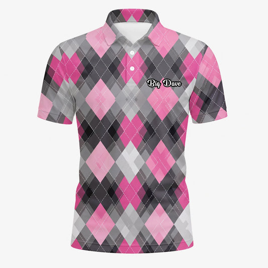 Personalised Pink Grey Argyle Golf Polo Shirt For Men Z9376