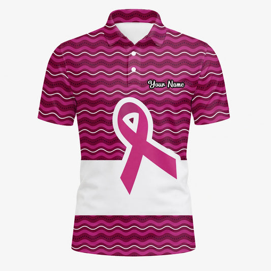 Personalised Pink Breast Cancer Awareness Ribbon Wave Golf Polo Shirt For Men B1640