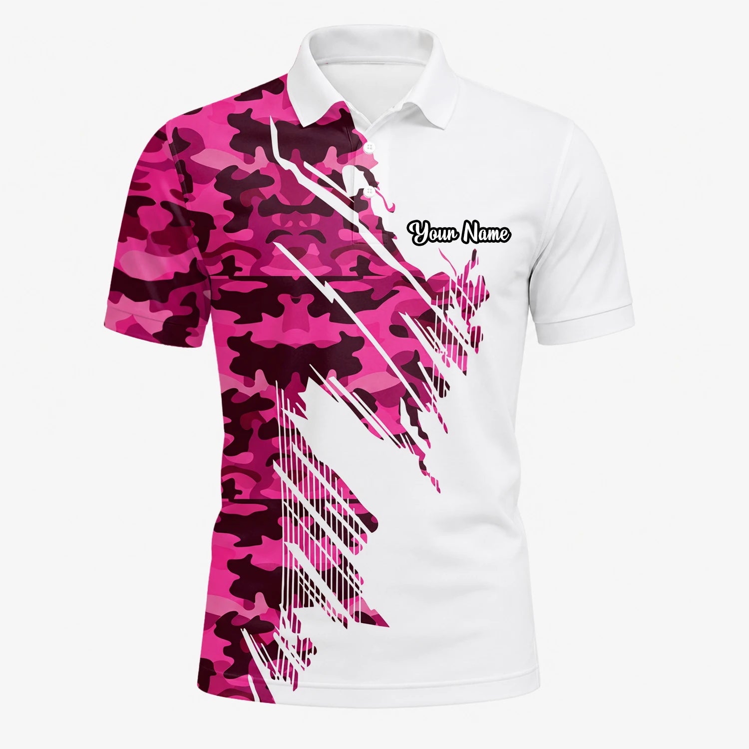 Personalised White Pink Camo Brush Stroke Golf Polo Shirt For Men S6501