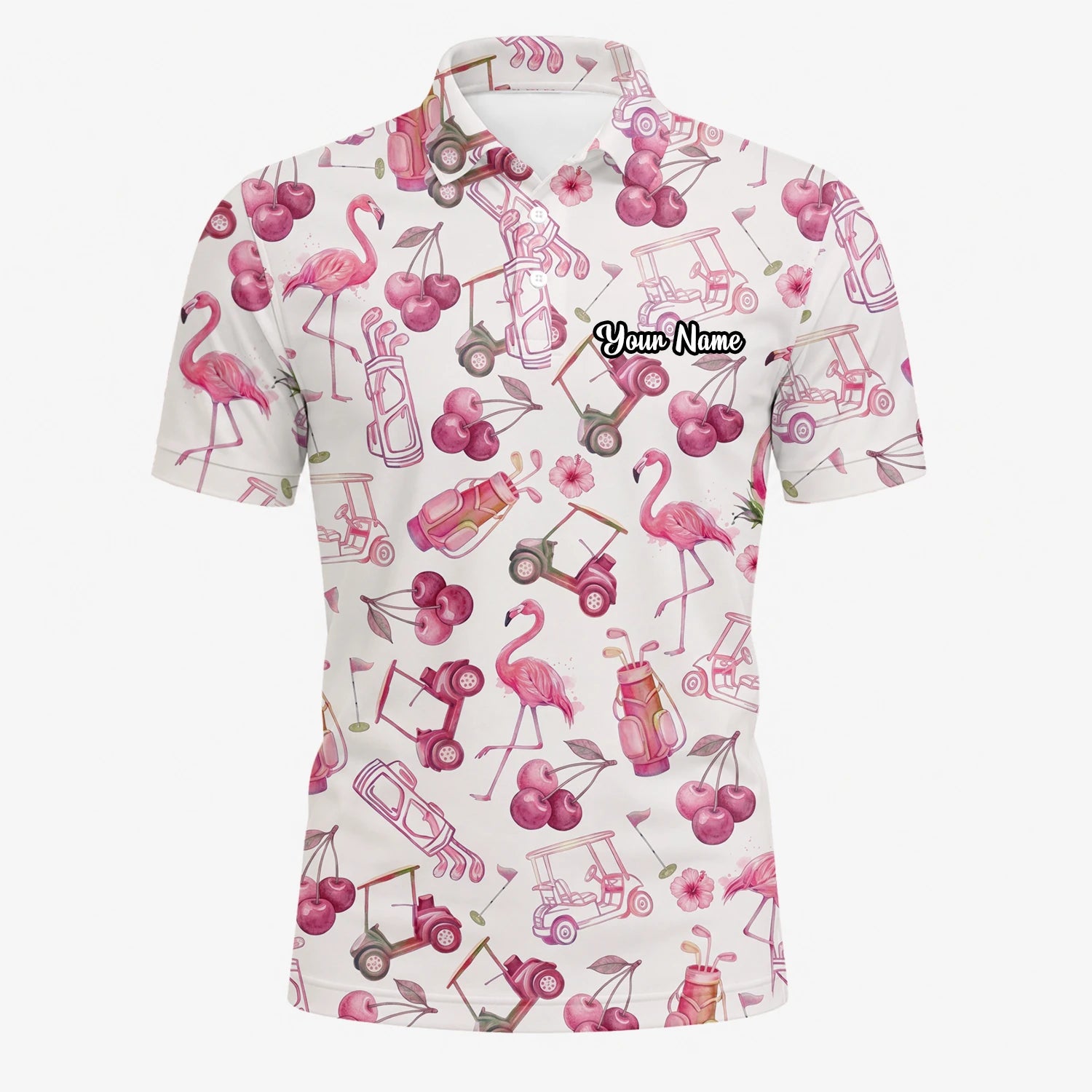 Personalised Cream Pink Flamingo Golf Cart Cocktail Golf Polo Shirt For Men T9296