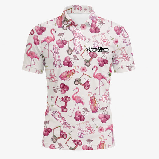 Personalised Cream Pink Flamingo Golf Cart Cocktail Golf Polo Shirt For Men T9296