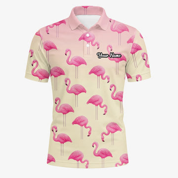 Personalised Cream Pink Flamingo Golf Polo Shirt For Men P5242