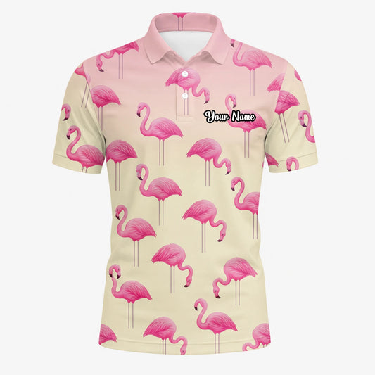 Personalised Cream Pink Flamingo Golf Polo Shirt For Men P5242