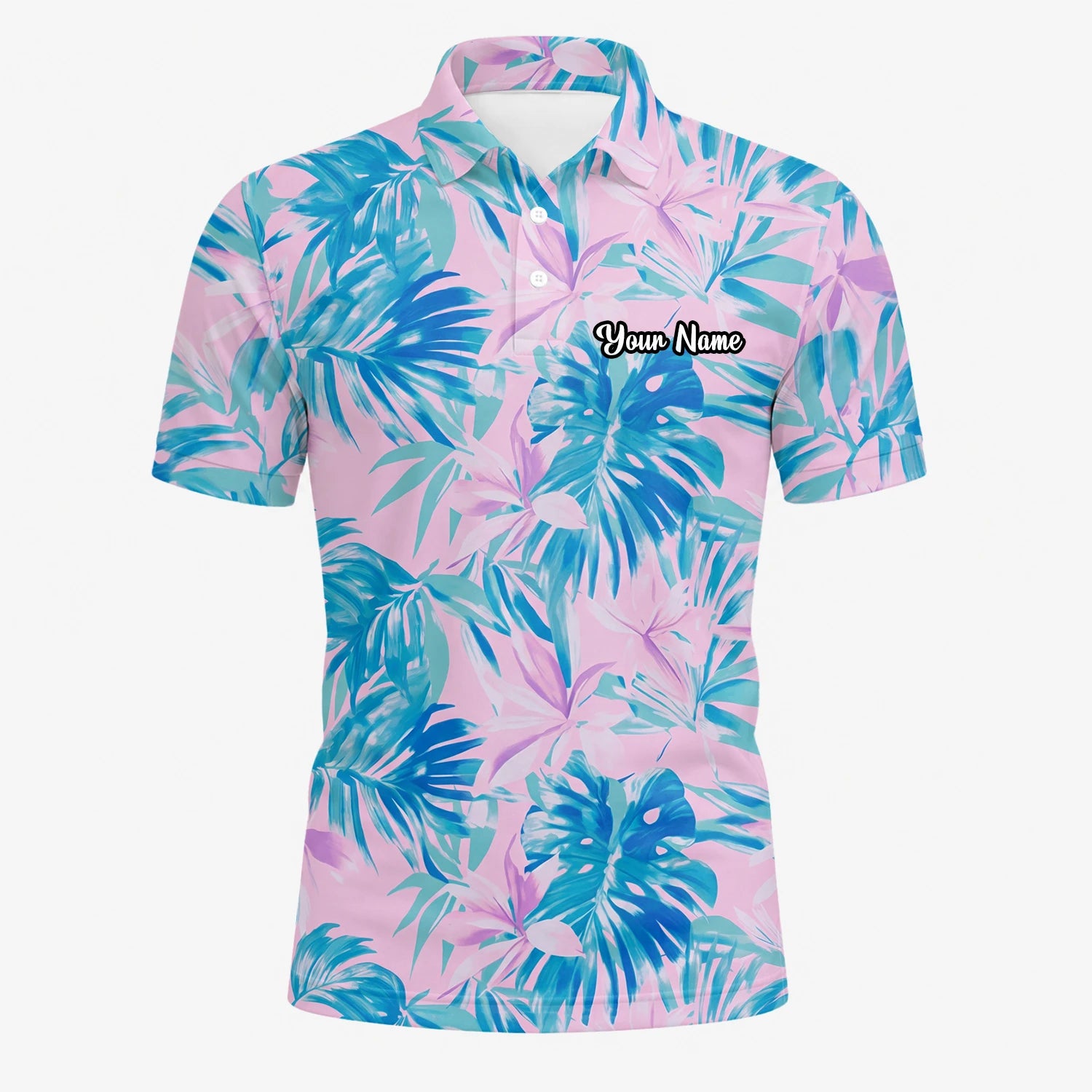 Personalised Pink Blue Tropical Leaf Golf Polo Shirt For Men K0497