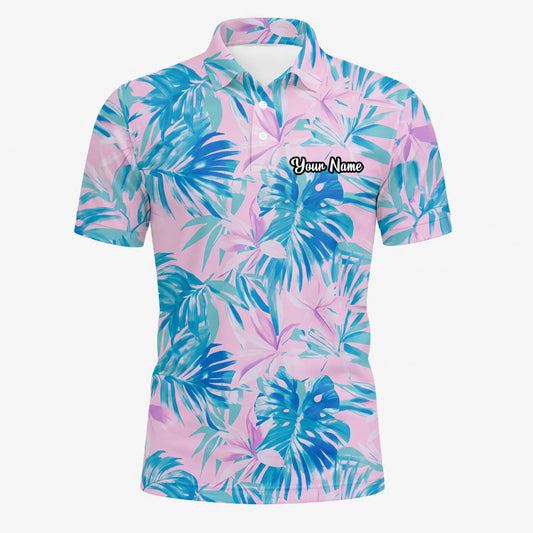 Personalised Pink Blue Tropical Leaf Golf Polo Shirt For Men K0497