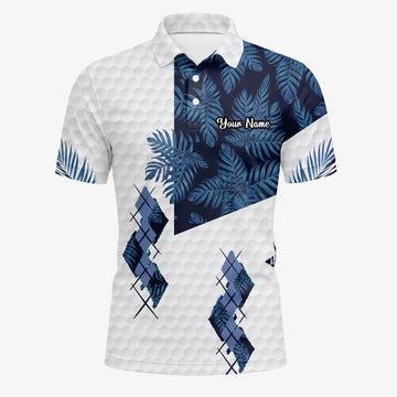 Personalised White Navy Tropical Leaf Argyle Golf Polo Shirt For Men D6549