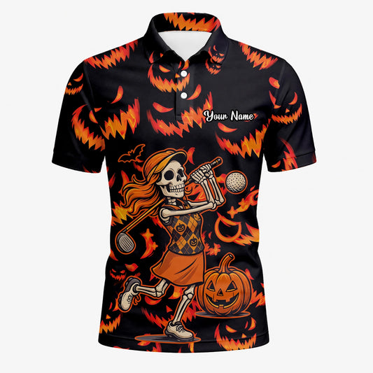 Personalised Black Orange Halloween Skeleton Golfer Pumpkin Golf Polo Shirt For Men N7108