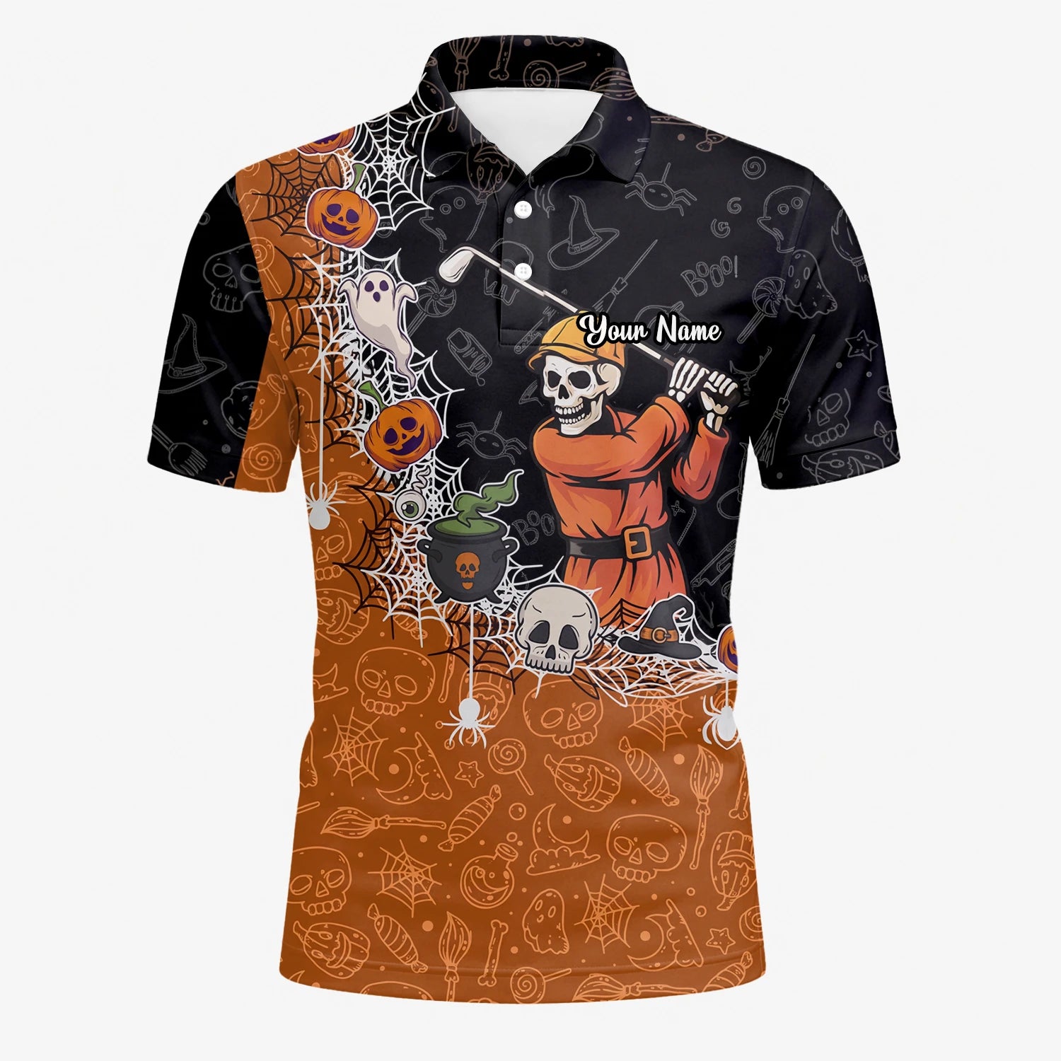 Personalised Black Orange Halloween Skeleton Golfer Web Golf Polo Shirt For Men Y5076