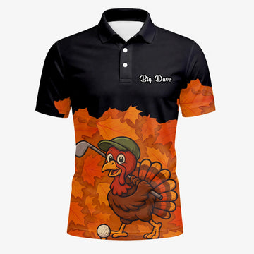 Personalised Black Orange Thanksgiving Turkey Golfer Golf Polo Shirt For Men W0964