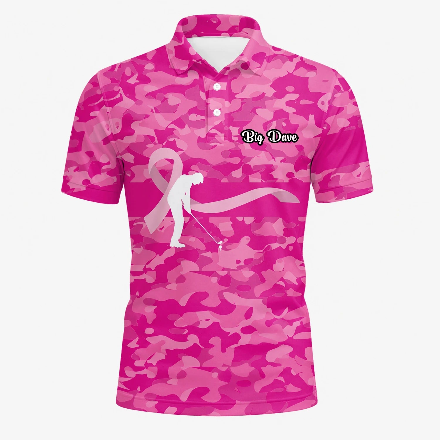 Personalised Pink Camo Breast Cancer Awareness Ribbon Golfer Golf Polo Shirt For Men Z3179