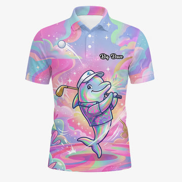 Personalised Pastel Rainbow Dolphin Golfer Cartoon Golf Polo Shirt For Men L3862