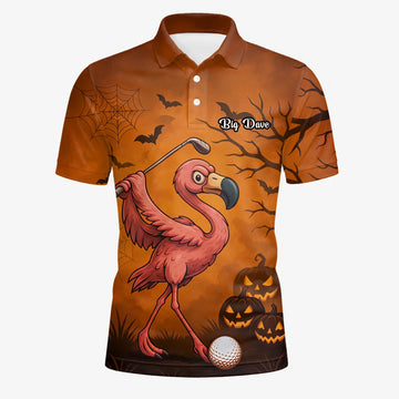 Personalised Orange Halloween Flamingo Golfer Pumpkin Golf Polo Shirt For Men V7072