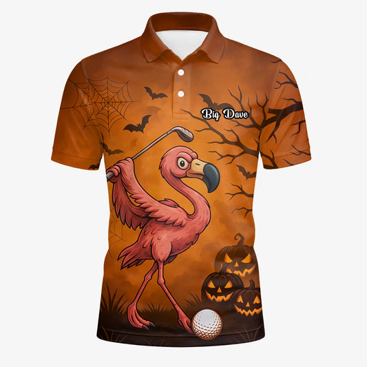 Personalised Orange Halloween Flamingo Golfer Pumpkin Golf Polo Shirt For Men V7072