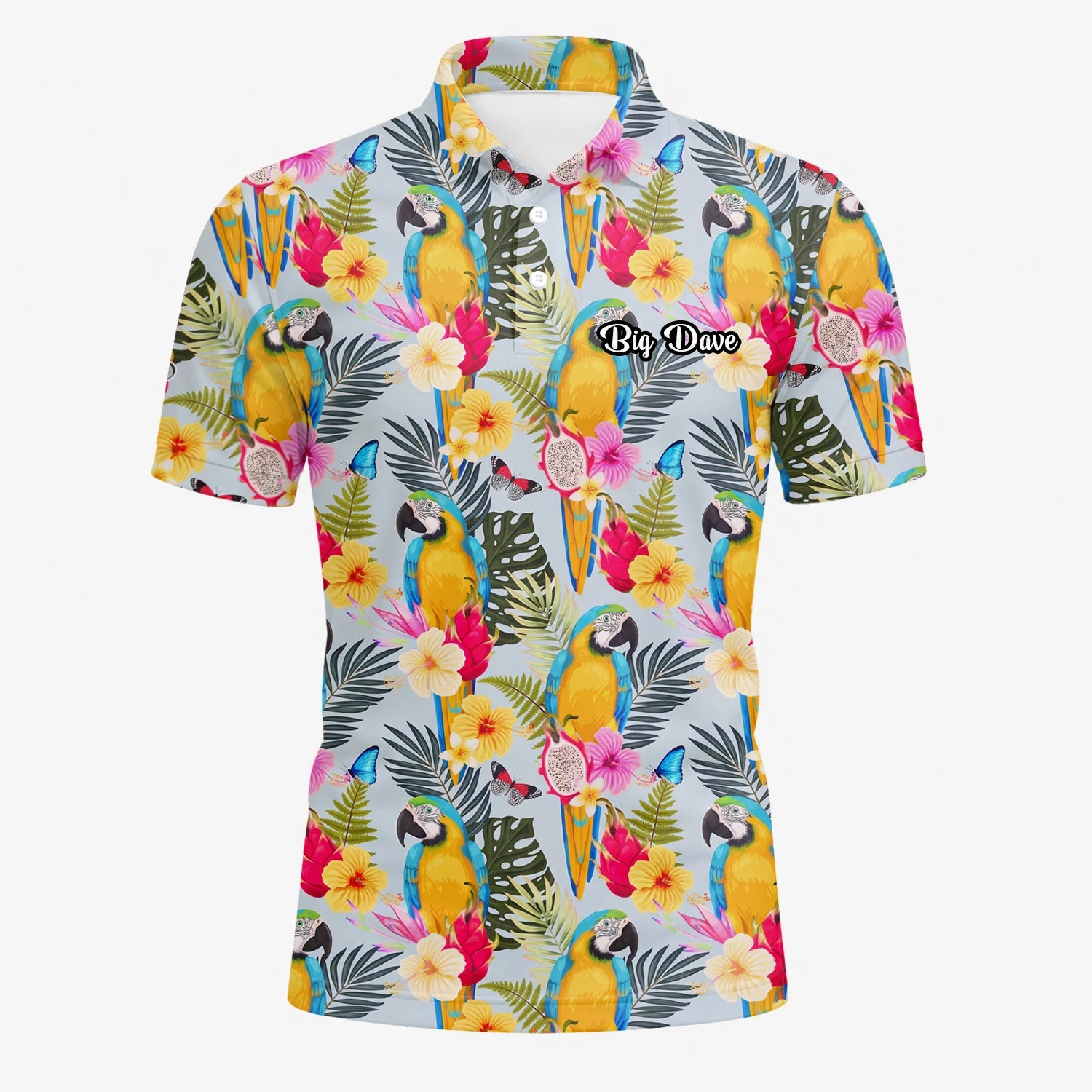 Personalised Cream Yellow Tropical Parrot Hibiscus Golf Polo Shirt For Men V2558