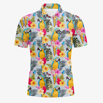 Personalised Cream Yellow Tropical Parrot Hibiscus Golf Polo Shirt For Men V2558