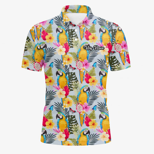Personalised Cream Yellow Tropical Parrot Hibiscus Golf Polo Shirt For Men V2558
