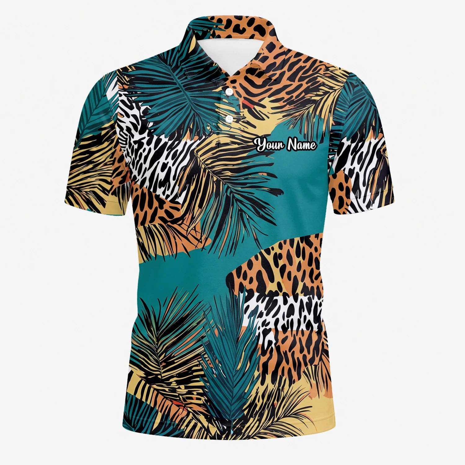 Personalised Teal Orange Tropical Palm Animal Print Golf Polo Shirt For Men A7122