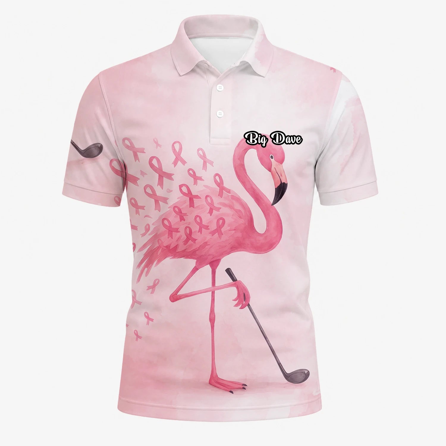 Personalised Pink Flamingo Golfer Breast Cancer Ribbon Golf Polo Shirt For Men R9354